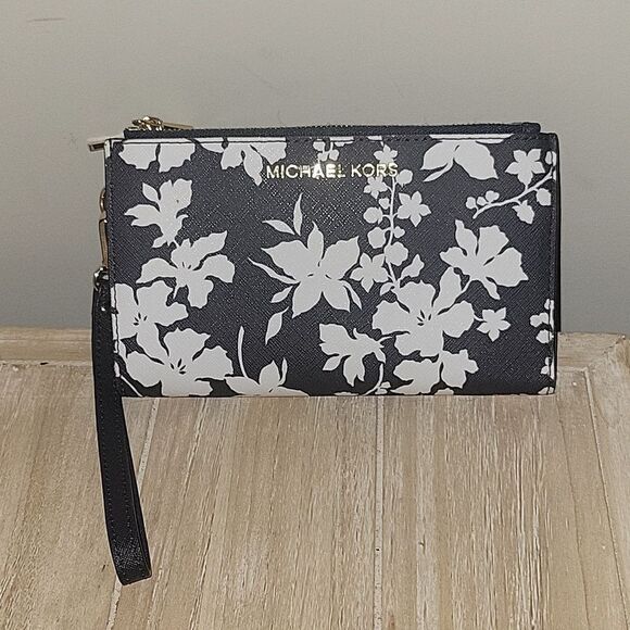Michael Kors Jet Set Travel Double Zip Wristlet Navy Blue Floral Wallet - Picture 1 of 10